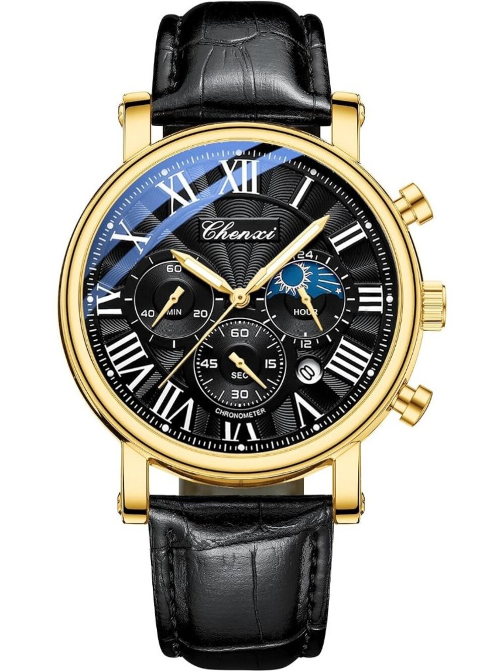 Mens Gold Black Leather Multifunctional Military Sports Analog Chronograph Watch